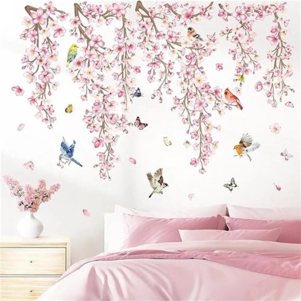 Cherry Blossom Wall Stickers Flower Vine Birds Peel and Stick Wall Decals Bedroo